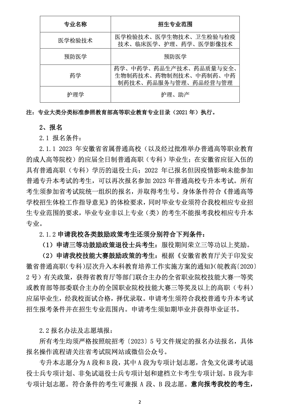 2023年皖南医学院专升本招生简章