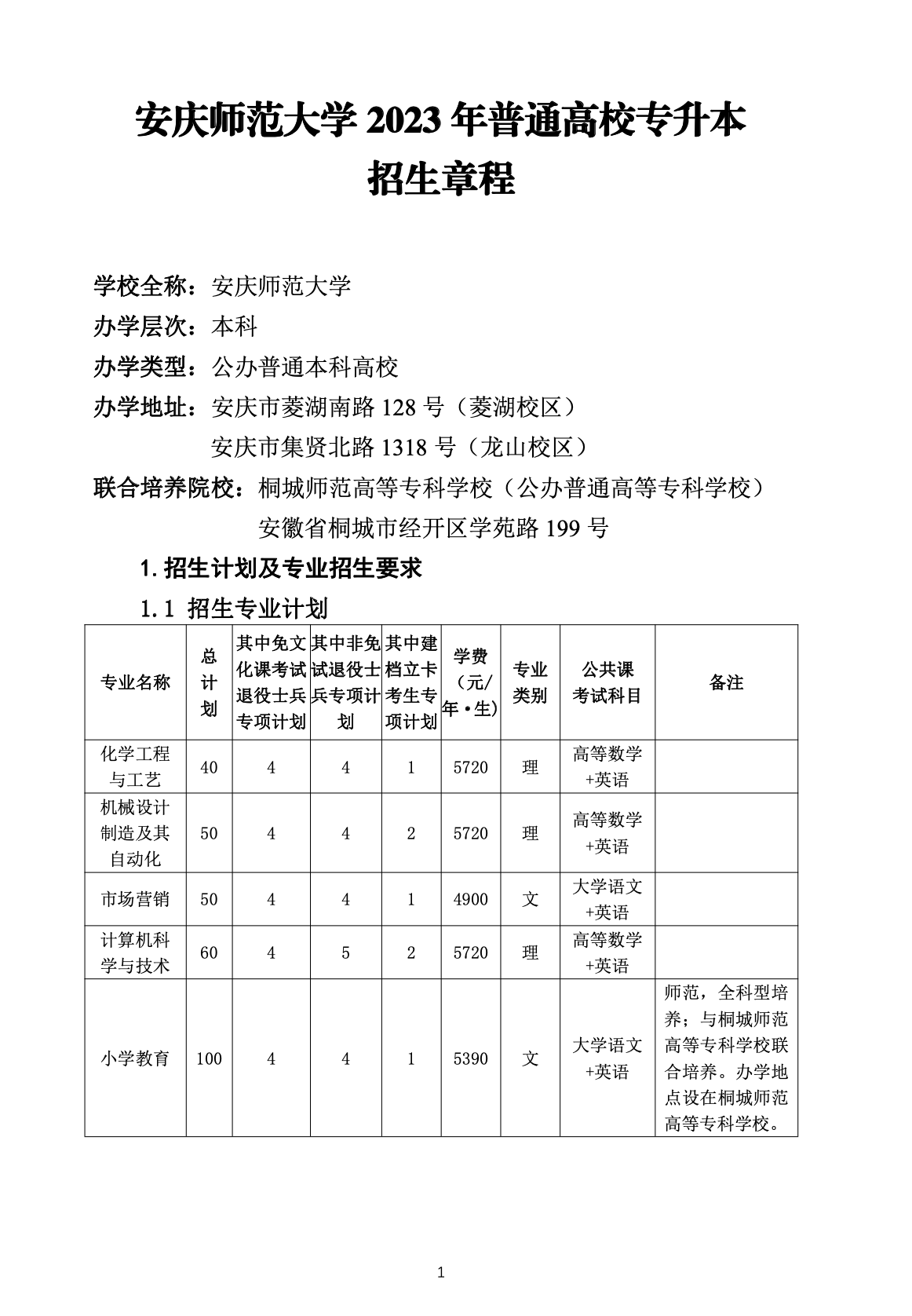 安庆师范大学公布2023年专升本招生章程