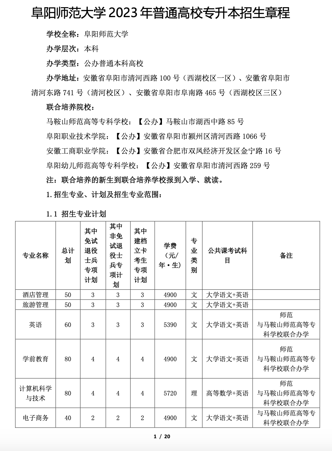 阜阳师范大学公布2023年专升本招生章程